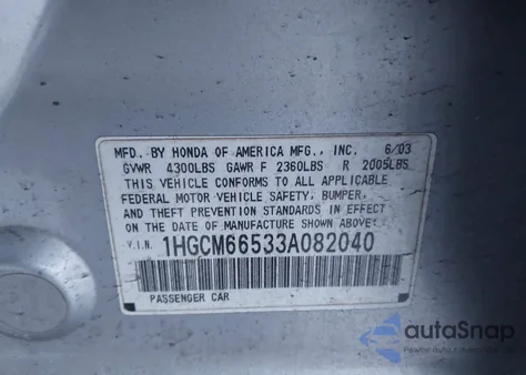2003 Honda Accord 3.0 Ex from USA, damaged, VIN 1HGCM66533A082040
